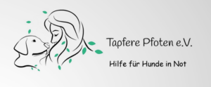 Strichzeichnung einer Frau und eines Hundes, die sich die Köpfe berühren, umgeben von grünen Blättern. Der Text lautet Tapfere Pfoten e.V. und Hilfe für Hunde in Not.