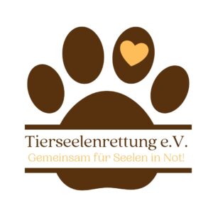 Ein braunes Pfotenabdruck-Logo mit einem gelben Herz auf einer Zehe. Unter der Pfote steht auf braunen und gelben Balken der Text Tierseelenrettung e.V. und Gemeinsam für Seelen in Not!.