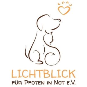 Strichzeichnung eines Hundes und einer Katze, die zusammensitzen, mit einem orangefarbenen Herz und Pfotenabdruck über ihnen. Darunter steht der deutsche Text LICHTBLICK FÜR PFOTEN IN NOT E.V. in Orange und Braun.