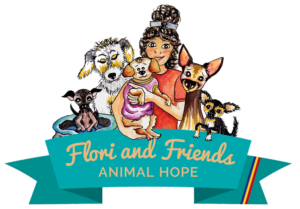 Illustration eines lächelnden Mädchens mit lockigem Haar, das einen glücklichen Hund hält, umgeben von vier anderen fröhlichen Hunden. Darunter befindet sich ein türkisfarbenes Band mit der Aufschrift Flori and Friends Animal Hope und einem Regenbogenstreifen am rechten Rand.