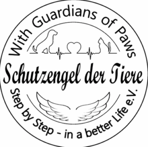 Ein kreisförmiges Logo mit dem Text With Guardians of Paws und Step by Step - in a better Life e.V., umgeben von Bildern eines Hundes, einer Katze, eines Herzens mit EKG-Linie, Flügeln und dem Schriftzug Schutzengel der Tiere.