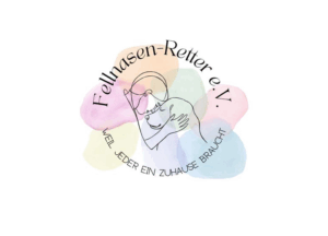 Logo mit einer minimalistischen Strichzeichnung einer Person, die ein Kaninchen umarmt, vor pastellfarbenen Aquarellformen. Der umlaufende Text lautet: Fellnasen-Retter e.V. und Weil jeder ein Zuhause braucht.