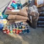 Tüten mit Hundetrockenfutter, Hundefutter in Dosen und anderem Heimtierbedarf sind im Freien auf einer Betonfläche gestapelt, wobei das Sonnenlicht Schatten auf die Gegenstände wirft.