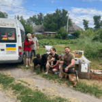 Vier Personen stehen und knien neben einem Lieferwagen mit der Aufschrift SAFE4LIFE und streicheln drei Hunde. In der Nähe sind Tierfuttervorräte gestapelt. Eine ländliche Kulisse mit Häusern, Grünflächen und blauem Himmel ist zu sehen.