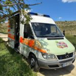 Ein weißer Lieferwagen mit orangefarbenen Streifen und einem Blumenmuster auf der Motorhaube steht auf einem ländlichen Feldweg unter einem sonnigen Himmel. Die Seitentür ist offen, und über der Windschutzscheibe ist ein Schild mit der Aufschrift RETTUNG zu sehen.