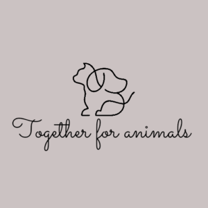 Eine minimalistische Strichzeichnung eines Hundes und einer Katze, die zusammen über dem kursiven Text "Gemeinsam für Tiere" auf einem hellgrauen Hintergrund sitzen.