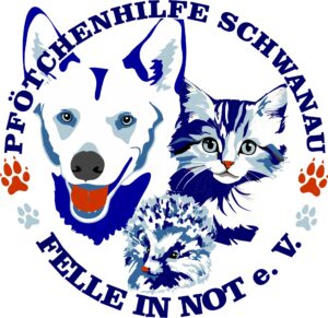Logo mit blau-weißem Hund, Katze und Igel, zwei orangefarbenen Pfotenabdrücken und deutschem Text "Pfötchenhilfe Schwanau Felle in Not e. V." in kreisförmigem Layout.
