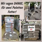 Eine Collage, die gestapelte Paletten mit Tierfutter und fressende Hunde zeigt. Der deutsche Text lautet: "Wir sagen DANKE, für zwei Paletten Futter!", was bedeutet: "Wir sagen DANKE, für zwei Paletten Futter!" und ist mit Pfotenabdrücken verziert.