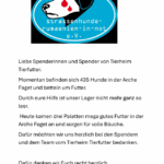 Eine Ankündigung von Straßenhunde Rumänien in Not e.V. zeigt ein schwarz-weißes Hundelogo mit einer roten Träne und einen Text, in dem den Spendern für die Unterstützung bei der Versorgung von 435 Hunden im Tierheim gedankt wird, sowie Nachrichten über die jüngsten Futterlieferungen.