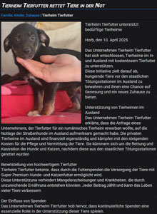 Ein kleiner brauner und schwarzer Welpe berührt mit seiner Pfote die Hand einer Person neben einem deutschen Text über eine Tierrettungsorganisation, die Tieren in Not hilft.