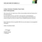 Brief auf weißem Hintergrund mit dem Logo von Hope and Home for Animals. Der Brief dankt dem Futterteam des Tierheims und den Spendern für ihre Unterstützung, unterschrieben von Claudia Prange, 1.Vorstand. Der Text ist auf Deutsch.