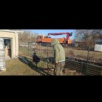 Eine Person mit grünem Kapuzenpulli steht an einem sonnigen Tag im Freien in der Nähe eines kleinen schwarz-roten Fahrrads, vor einem eingezäunten Gelände und einem orangefarbenen Lieferwagen mit einem roten Kran im Hintergrund.