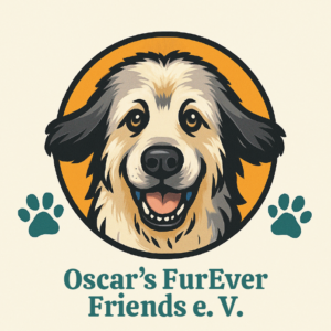 Ein lächelnder, flauschiger Hund mit schwarzem und weißem Fell steht in der Mitte eines gelben Kreises, flankiert von blaugrünen Pfotenabdrücken. Darunter steht der Text: "Oscar's FurEver Friends e. V.".