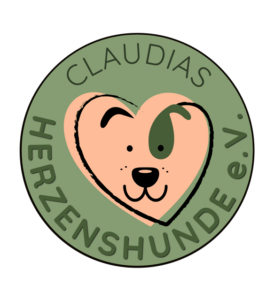 Ein grünes, kreisförmiges Logo mit dem Schriftzug CLAUDIAS HERZENSHUNDE e.V. umgibt eine herzförmige Illustration eines Hundegesichts mit einer Augenklappe über einem Auge, gezeichnet in sanften Pfirsich- und Grüntönen.