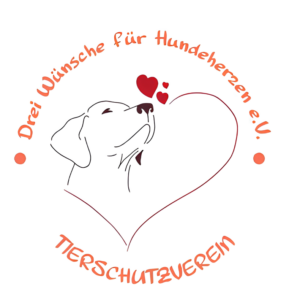 Logo mit einer Strichzeichnung eines Hundes in einem Herzumriss. Oben steht der deutsche Text Drei Wünsche für Hundeherzen e.V. Darunter steht Tierschutzverein. Drei rote Herzen befinden sich in der Nähe der Hundenase.