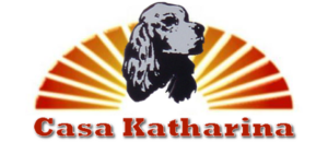 Das Logo zeigt einen schwarz-grauen Hundekopf vor orange-gelben Sonnenstrahlen, darunter der Text "Casa Katharina" in fetten roten Buchstaben.