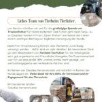 Ein Dankesplakat von Claudias Hundehaven an Tierheim Tiertufter für eine große Hundefutterspende. Enthält Text, Logos, Dankesbotschaften und Fotos von palettiertem Hundefutter und Mitarbeitern, die es mit einem Gabelstapler abladen.