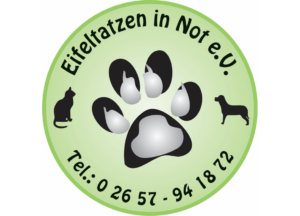 Ein grünes, rundes Logo mit einem schwarz-weißen Pfotenabdruck in der Mitte, den Silhouetten einer Katze und eines Hundes sowie dem Schriftzug „Eifeltatzen in Not e.V.“ und der Telefonnummer „Tel.: 0 26 57 - 94 18 72“ am Rand.