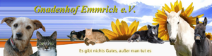Bannerbild mit einem Hund, zwei Katzen, einer Ziege, einem Schaf, einem schwarzen Hund, einem weißen Pferd und einem Esel vor Sonnenblumen. Der Text lautet: "Gnadenhof Emmrich e. V." und "Es gibt nichts Gutes, außer man tut es.".