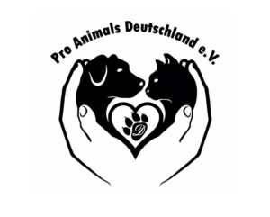 Logo mit zwei Händen, die ein Herz um die Silhouetten eines Hundes und einer Katze bilden, die einander gegenüberstehen, mit einem Pfotenabdruck im Inneren des Herzens. Der Text darüber lautet: Pro Animals Deutschland e. V.