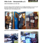 Drei Männer laden große Säcke mit Hundefutter aus und tragen sie neben einem Fahrzeug und einem weißen Gebäude herbei. Im Inneren sind auf einem Tisch Stapel von Hundefuttersäcken mit Flyern von „Villa Colin“ zu sehen. Das Logo von Villa Colin befindet sich oben rechts.