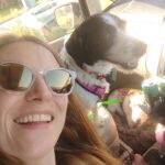 Eine Frau mit Sonnenbrille lächelt für ein Selfie im Auto, während zwei Hunde auf dem Vordersitz sitzen – der eine sitzt aufmerksam da, der andere liegt. Sonnenlicht strömt durch die Fenster und schafft eine helle und fröhliche Atmosphäre.