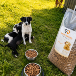 Drei schwarz-weiße Hunde liegen auf dem Rasen neben zwei Näpfen, die mit Trockenfutter gefüllt sind, und einem großen Sack mit Trockenfutter. Im Hintergrund sind ein Zaun, ein Gartenschlauch und eine grüne Wiese zu sehen.