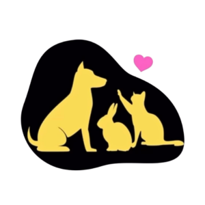 Gelbe Silhouetten eines Hundes, eines Kaninchens und einer Katze sitzen gemeinsam auf einer schwarzen Fläche, wobei die Katze nach einem rosa Herz über ihnen greift.