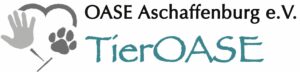 Logo für den OASE Aschaffenburg e.V. „TierOASE“ mit einem grauen Handabdruck und einem Tierpfotenabdruck, die über dem Vereinsnamen in schwarzer und türkisfarbener Schrift ein Herz bilden.