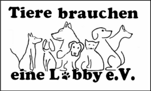 Strichzeichnung von sechs Hunden, die zusammen sitzen und stehen. Über ihnen steht der Text „Tiere brauchen“, darunter „eine Lobby e.V.“, wobei das „o“ in „Lobby“ durch einen Pfotenabdruck ersetzt ist.