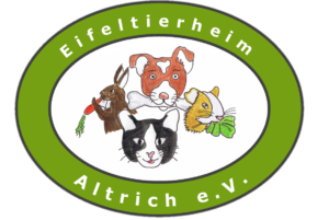 Logo mit grünem ovalem Rand; der Text lautet „Eifeltierheim Altrich e.V.“. In der Mitte sind ein handgezeichneter Hund, ein Kaninchen mit einer Möhre, eine Katze und ein Hamster mit einem Blatt abgebildet, alle mit freundlichen Gesichtsausdrücken.