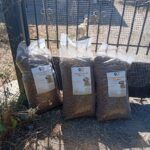 Drei große Säcke Hundefutter stehen aufrecht vor einem Tor. Hinter dem Tor sind zwei Hunde in einem von der Sonne beschienenen Hof zu sehen. Im Hintergrund sind trockenes Gras und ein Haus zu erkennen.