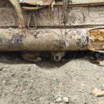 Ein kleiner Hund versteckt sich unter einem aufgerollten, abgenutzten Teppich und Trümmern auf einem unbefestigten Boden und späht hervor, wobei nur sein Gesicht und seine Vorderbeine zu sehen sind.