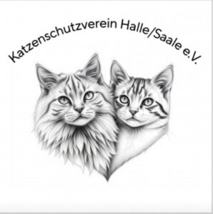 Zwei detailreiche Schwarz-Weiß-Illustrationen von Katzen – eine langhaarige und eine kurzhaarige – sind nebeneinander angeordnet, darüber steht in geschwungener Schrift der Schriftzug „Katzenschutzverein Halle/Saale e.V.“.