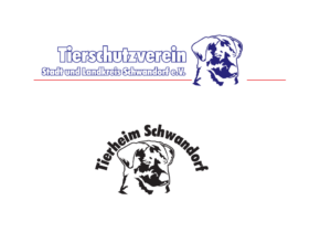 Zwei Logos mit Hundegesichtern. Oben: Tierschutzverein Stadt und Landkreis Schwandorf e.V. in blauer und roter Schrift. Unten: Tierheim Schwandorf in schwarzer Schrift. Beide weisen ähnliche Hundedarstellungen auf.