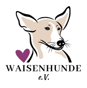 Stilisierte Zeichnung eines hellbraunen und weißen Hundes mit großen Ohren, einem violetten Herz am Hals und dem Schriftzug „WAISENHUNDE e.V.“ unterhalb des Bildes.