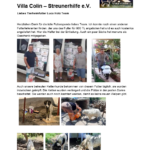 Ein Flyer mit dem Logo der Villa Colin, einem Text über eine Tierfutterspende und fünf Fotos, die zeigen, wie Menschen das gespendete Tierfutter liefern, verteilen und Hunde im Freien damit füttern.
