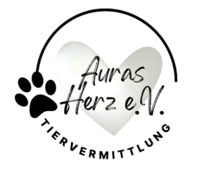 Logo für Auras Herz e.V. Tiervermittlung mit einer Herzform, einem Pfotenabdruck und einer geschwungenen Linie.